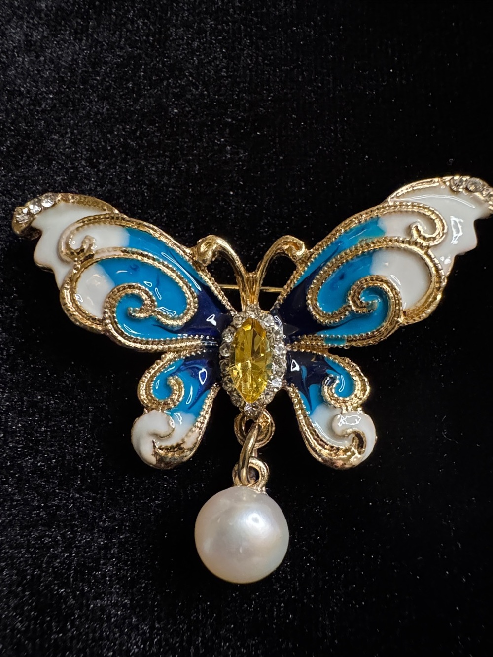 Blue & White Butterfly Brooch/Pendanwith Yellow Crystal and Real Pearl Drop